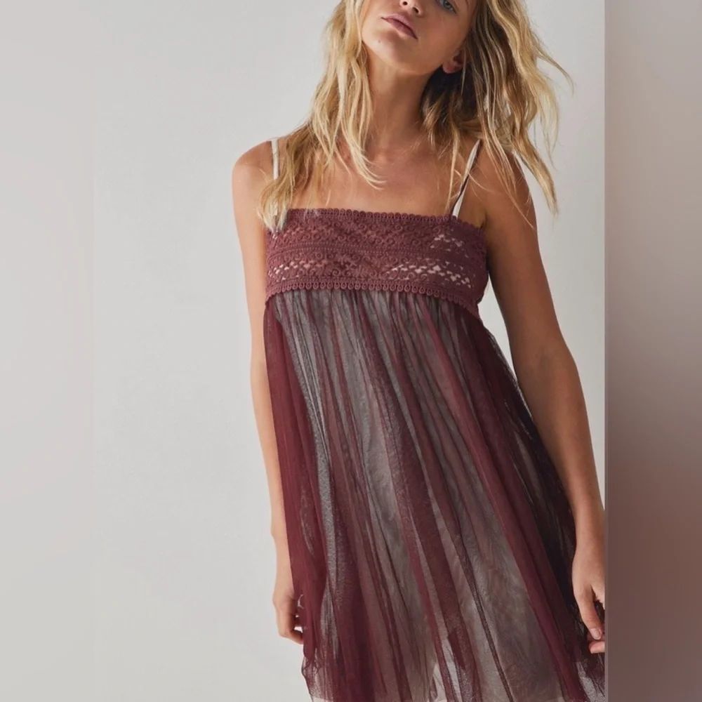 FP Intimatley Free People Keep Talking Sheer Mesh Embroidered Slip Wine Plum